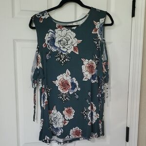 Maurices Floral Cold Shoulder Blouse - Teal and Pink